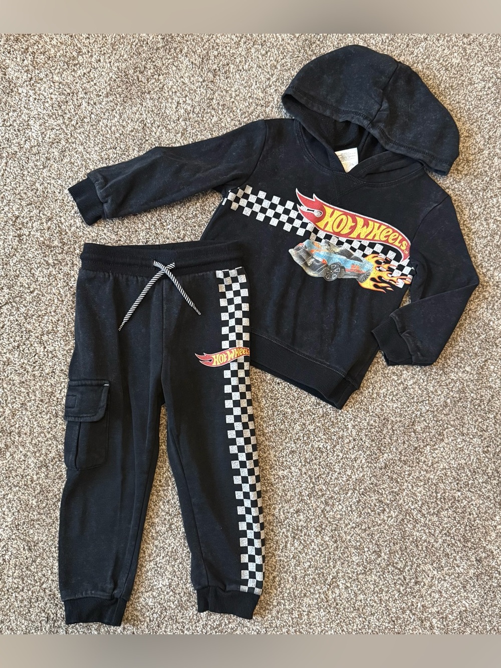 Hot Wheels Toddler Black Jogger Pants Hoodie Outfit Racing 2T Checkered Unisex